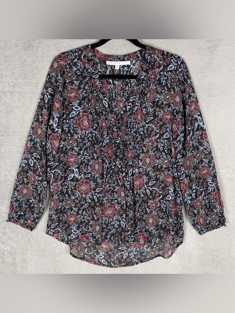 Veronica Beard Silk Long Sleeve Floral Pintuck Peasant Blouse Women's 10 Sheer